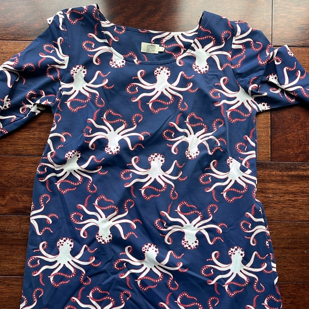 Katherine Way Navy Blue Mini Dress with White & Pink Octopus Print